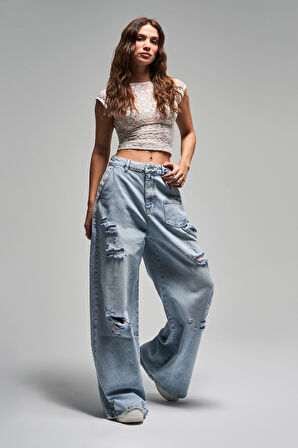 Kadın Kot Rengi 12S5-3 Mega Baggy Fit Süper Bol %100 Koton Orta Bel Denim Jean