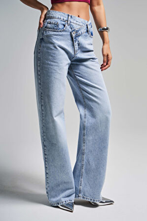 Kadın Snow Kot Rengi 4s5-3 Straight Fit Yüksek Bel Kemer Detaylı Tasarım Denim Jean