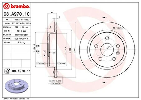 ARKA FREN AYNASI INSIGNIA A 2008 SAAB 9-5 YS3G 2010-2016 JANT 292X12X5DL DOLU 13502198 569127 13501302 569025 (2 ADET)