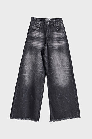 Kadın Koyu Füme Renk 12s5-1 Palazzo Fit Paça Detaylı İç Boy 80cm %100 Koton Denim Jean