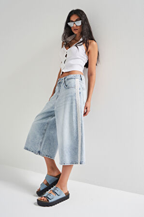 Kadın Ice Kot Rengi D-4S5-3 Süper Baggy Fit Dantel Şeritli Maxi Boy Denim Şort
