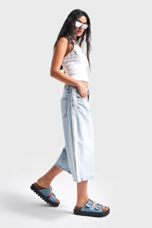 Kadın Ice Kot Rengi D-4S5-3 Süper Baggy Fit Dantel Şeritli Maxi Boy Denim Şort