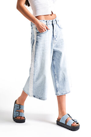 Kadın Ice Kot Rengi D-4S5-3 Süper Baggy Fit Dantel Şeritli Maxi Boy Denim Şort