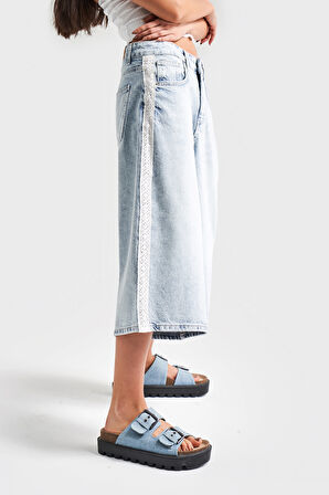 Kadın Ice Kot Rengi D-4S5-3 Süper Baggy Fit Dantel Şeritli Maxi Boy Denim Şort