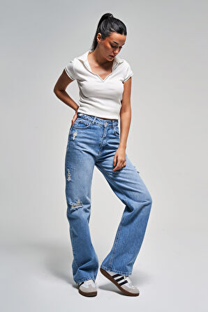 Kadın Mavi Kot Rengi 10S5-84 Straight Fit Lazer Detaylı %100 Koton Yüksek Bel Denim Jean
