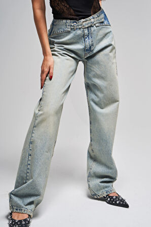 Kadın T. Kot Rengi 17s5-32 Loose Fit Kemer Detaylı İç Boy 80 cm %100 Koton Denim Jean