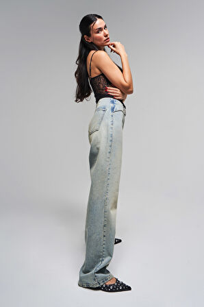 Kadın T. Kot Rengi 17s5-32 Loose Fit Kemer Detaylı İç Boy 80 cm %100 Koton Denim Jean
