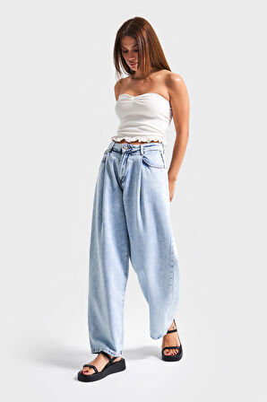 Kadın Snow Kot Rengi V-3s5-3 Wide Pleat Bol Kesim Viskon Kumaş %100 Koton Pileli Denim Jean