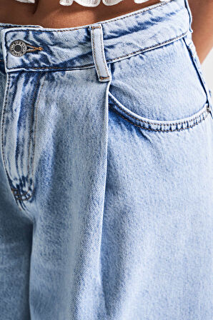 Kadın Snow Kot Rengi V-3s5-3 Wide Pleat Bol Kesim Viskon Kumaş %100 Koton Pileli Denim Jean