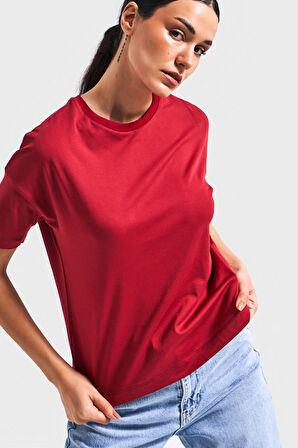 Kadın Bordo Renk S5 %100 Pamuk Bisiklet Yaka Basic T-Shirt