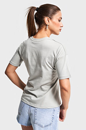 Kadın Gri Renk S5-12 Bisiklet Yaka %100 Pamuk Basic T-Shirt