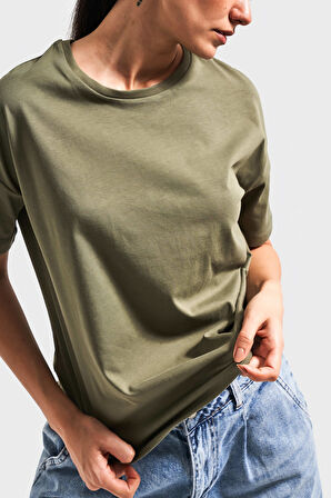 Kadın Haki Renk S5 %100 Pamuk Bisiklet Yaka Basic T-Shirt