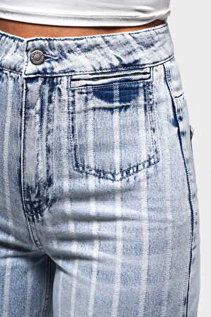 Kadın Çizgili Kot Rengi 4s5-3 Staright Fit Cep Detaylı %100 Koton Özel Kumaş Denim Jean