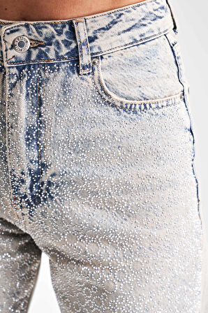 Kadın T.Kot  Rengi T-4S5-90 Parlak Taşlı %100 Koton Tasarım Straight Fit Denim Jean