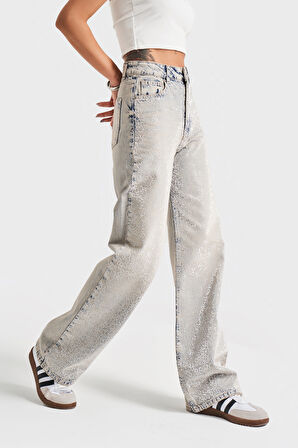 Kadın T.Kot  Rengi T-4S5-90 Parlak Taşlı %100 Koton Tasarım Straight Fit Denim Jean