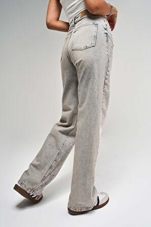 Kadın T.Kot  Rengi T-4S5-90 Parlak Taşlı %100 Koton Tasarım Straight Fit Denim Jean