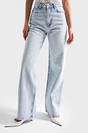 Kadın Ice Kot Rengi T-4S5-3 Straight Fit Yüksek Bel Parlak Taşlı Tasarım Denim Jean