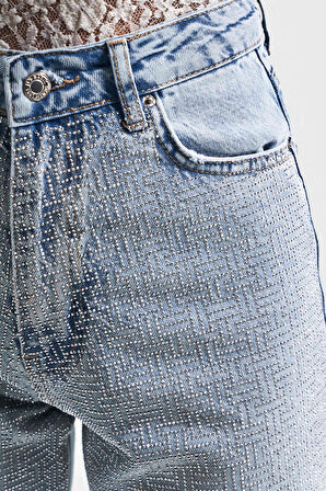 Kadın Ice Kot Rengi T-4S5-3 Straight Fit Yüksek Bel Parlak Taşlı Tasarım Denim Jean