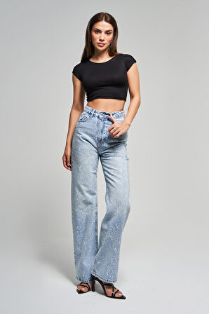 Kadın Snow Kot Rengi T-4S5-3 Straight Fit Yüksek Bel %100 Koton Parlak Taşlı Tasarım Denim