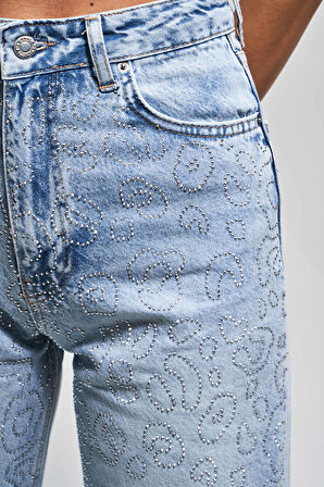 Kadın Snow Kot Rengi T-4S5-3 Straight Fit Yüksek Bel %100 Koton Parlak Taşlı Tasarım Denim