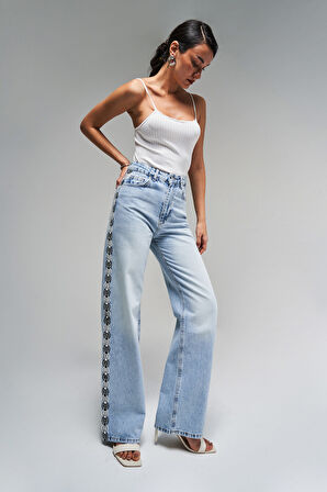 Kadın Kot Rengi D-4S5-3 Dantel Şerit Detaylı Straight Fit Yüksek Bel %100 Koton Tasarım Denim Jean