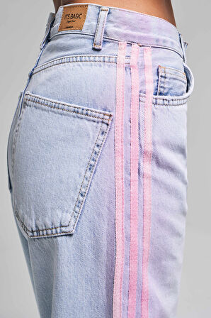 Kadın Kot Rengi 4s5-100 Neon Şerit Detaylı Loose Fit %100 Koton Tasarım Denim Jean