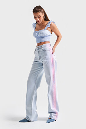 Kadın Kot Rengi 4s5-100 Neon Şerit Detaylı Loose Fit %100 Koton Tasarım Denim Jean