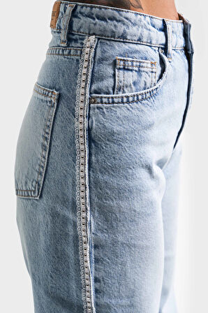 Kadın Ice Kot Rengi D-4S5-3 Straight Fit %100 Koton Yandan Dantelli Şerit Detaylı Tasarım Denim Jean
