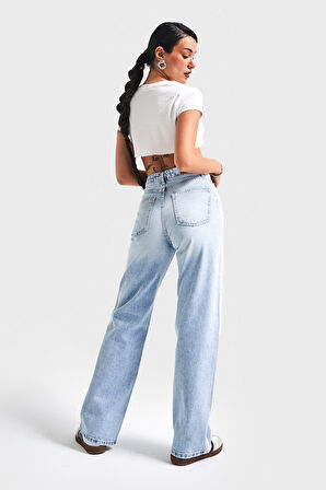 Kadın Ice Kot Rengi D-4S5-3 Straight Fit %100 Koton Yandan Dantelli Şerit Detaylı Tasarım Denim Jean
