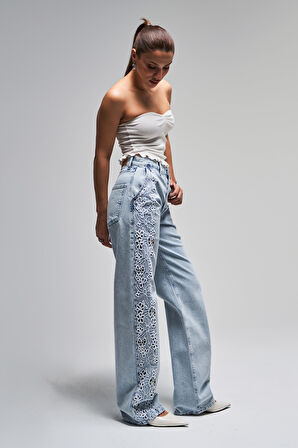 Kadın Snow Kot Rengi 3s5-3 Dantel Nakışlı Loose Fit Orta Bel İç Boy 83 Cm Tasarım Denim Jean