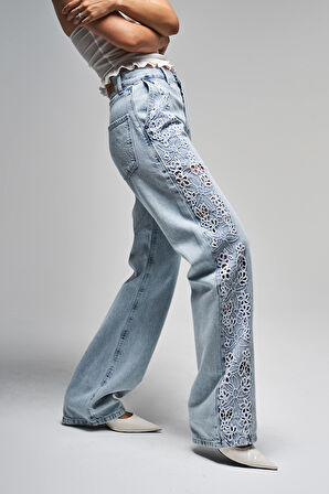 Kadın Snow Kot Rengi 3s5-3 Dantel Nakışlı Loose Fit Orta Bel İç Boy 83 Cm Tasarım Denim Jean