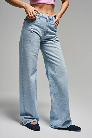 Kadın Ice Rengi T-2S5-100 Straight Fit İç Boy 83cm Yüksek Bel İnci Parlak Taşlı Tasarım Denim