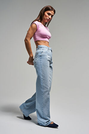 Kadın Ice Rengi T-2S5-100 Straight Fit İç Boy 83cm Yüksek Bel İnci Parlak Taşlı Tasarım Denim