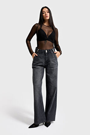Kadın Füme Renk 2w5-1 Wide Leg Fit Bol Kesim %100 Koton Kemer Detaylı Denim Jean