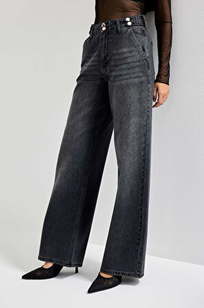 Kadın Füme Renk 2w5-1 Wide Leg Fit Bol Kesim %100 Koton Kemer Detaylı Denim Jean