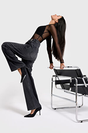 Kadın Füme Renk 2w5-1 Wide Leg Fit Bol Kesim %100 Koton Kemer Detaylı Denim Jean