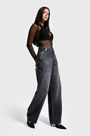 Kadın Füme Renk 2w5-1 Wide Leg Fit Bol Kesim %100 Koton Kemer Detaylı Denim Jean