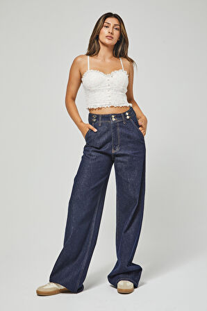 Kadın İndigo Renk 7w5-50 Kemer Detaylı Wide Leg Fit %100 Koton Denim Jean