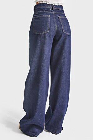 Kadın İndigo Renk 7w5-50 Kemer Detaylı Wide Leg Fit %100 Koton Denim Jean