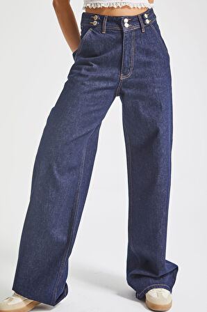 Kadın İndigo Renk 7w5-50 Kemer Detaylı Wide Leg Fit %100 Koton Denim Jean