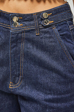 Kadın İndigo Renk 7w5-50 Kemer Detaylı Wide Leg Fit %100 Koton Denim Jean
