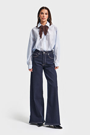 Kadın İndigo Renk 7w5-50 LYL36 Palazzo Fit Esnek Kumaş İç Boy 80cm Denim Jean