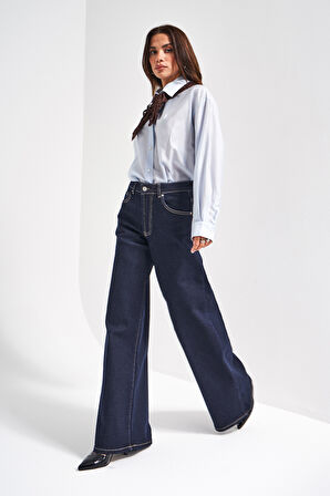 Kadın İndigo Renk 7w5-50 LYL36 Palazzo Fit Esnek Kumaş İç Boy 80cm Denim Jean