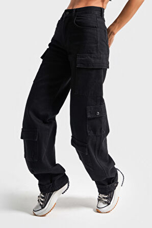 Kadın Siyah Renk 1s5-1 Jogger Fit Kargo Cep Paçası Çıtçıtlı %100 Koton Denim Jean