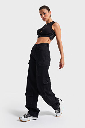 Kadın Siyah Renk 1s5-1 Jogger Fit Kargo Cep Paçası Çıtçıtlı %100 Koton Denim Jean