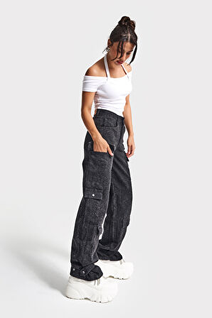 Kadın Siyah Renk 1w5-1 Straight Kargo Fit Parlak Pul Detaylı Özel Tasarım Denim Jean