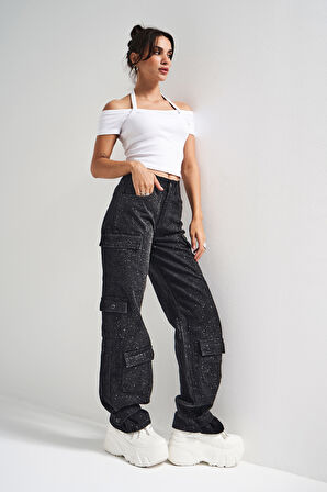 Kadın Siyah Renk 1w5-1 Straight Kargo Fit Parlak Pul Detaylı Özel Tasarım Denim Jean