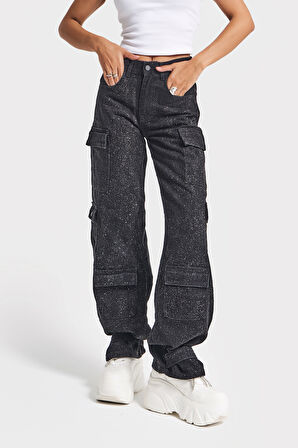 Kadın Siyah Renk 1w5-1 Straight Kargo Fit Parlak Pul Detaylı Özel Tasarım Denim Jean
