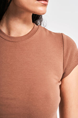 Kadın Kahverengi s5-81 Süper Esnek Kumaş %100 Pamuk Bisiklet Yaka Basic Body