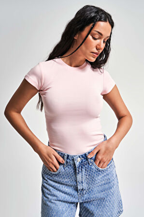 Kadın Pembe Renk s5-20 Süper Esnek Kumaş %100 Pamuk Bisiklet Yaka Basic Body